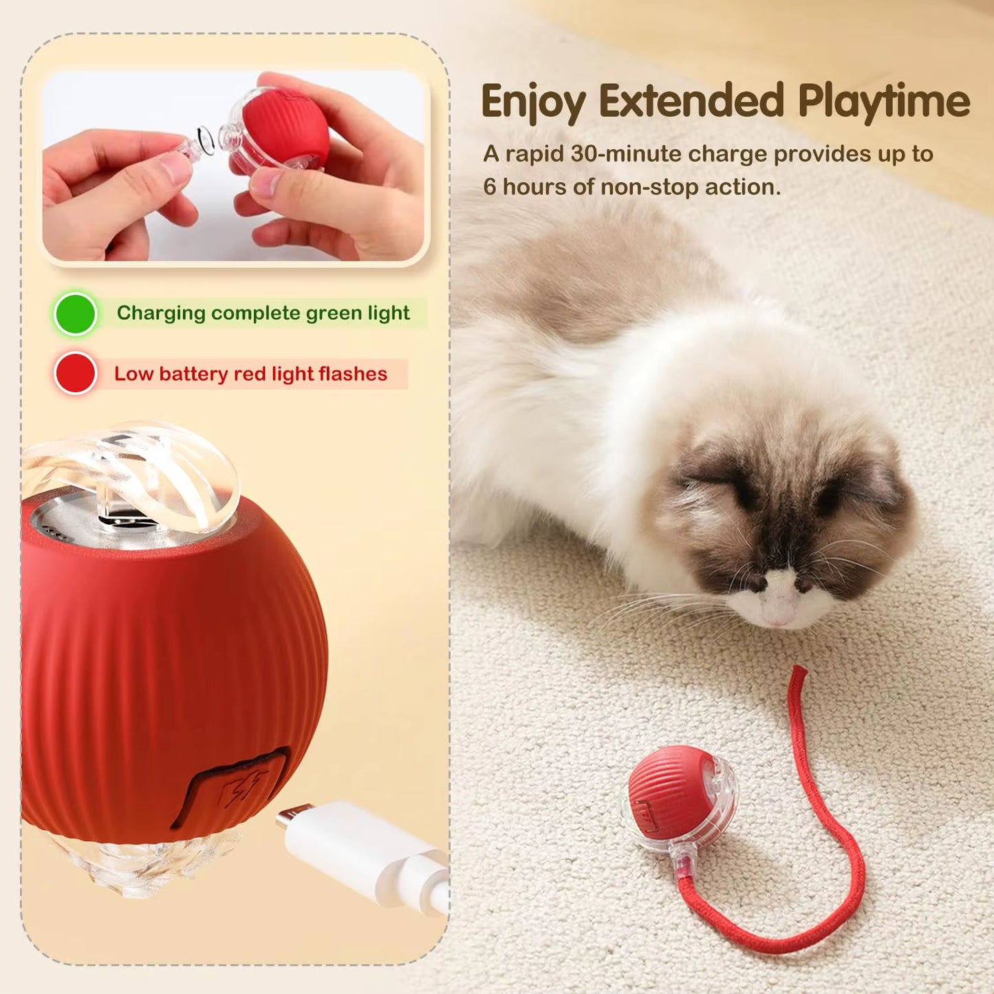 New Cat Interactive Ball Toy Automatic Rolling Ball Faux Tail Rechargeable Smart Pet Electric Toy Dog Cat Training Imitate Mouse