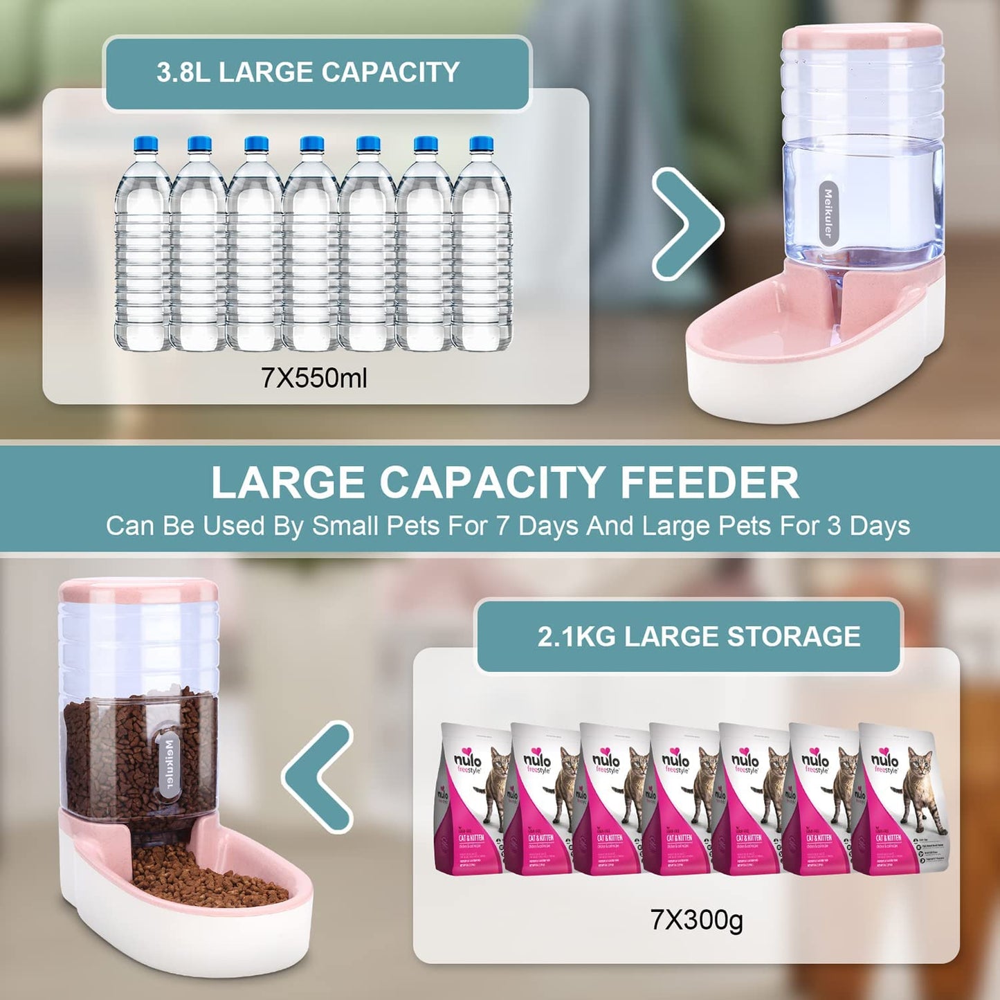 Automatic Dog Cat Feeder and Water Dispenser Set,Waterer and Gravity Food Feeder for Small & Medium Dogs Cats Puppies,Large Capacity 1 Gallon X 2(Pink)