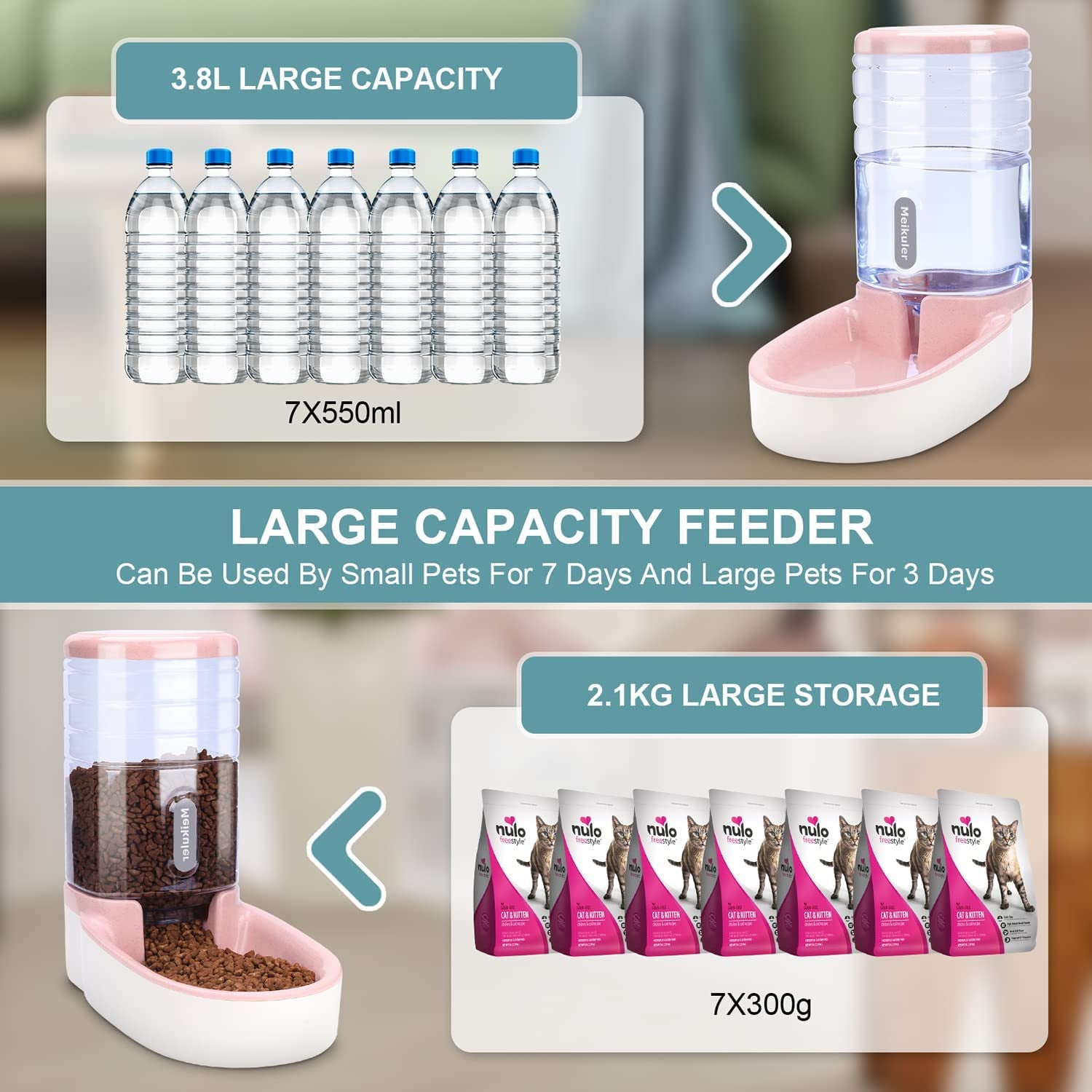 Automatic Dog Cat Feeder and Water Dispenser Set,Waterer and Gravity Food Feeder for Small & Medium Dogs Cats Puppies,Large Capacity 1 Gallon X 2(Pink)